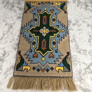 Vintage Handmade Knit Wall Hanging Tapestry Fringe Trim 20"x10"